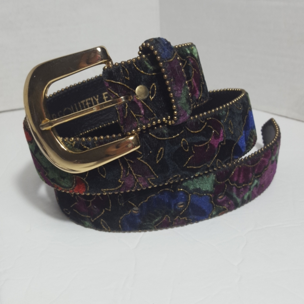 Vintage Black Floral Belt with Gold Buckle